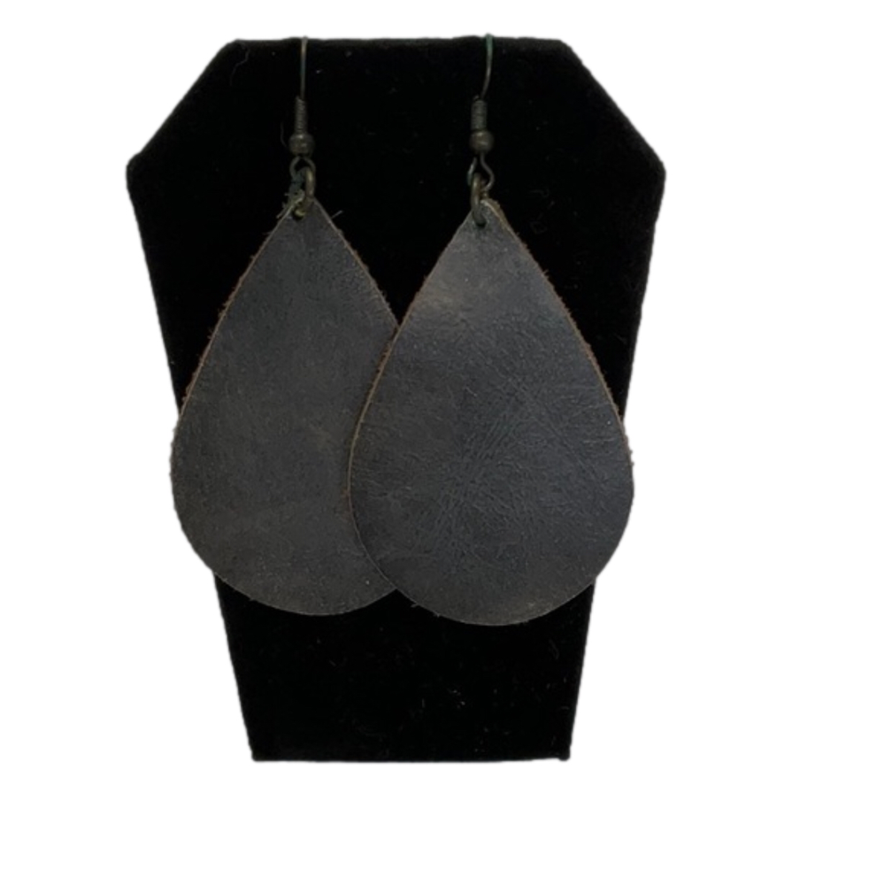 Earrings Distressed Gray Leather with Bronze Tone hangers